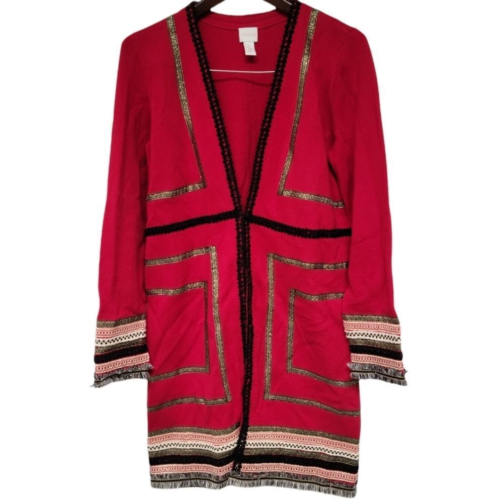 Chico's Red Embroidered Detail Long Sleeve Cardigan Size 1 (S-M)